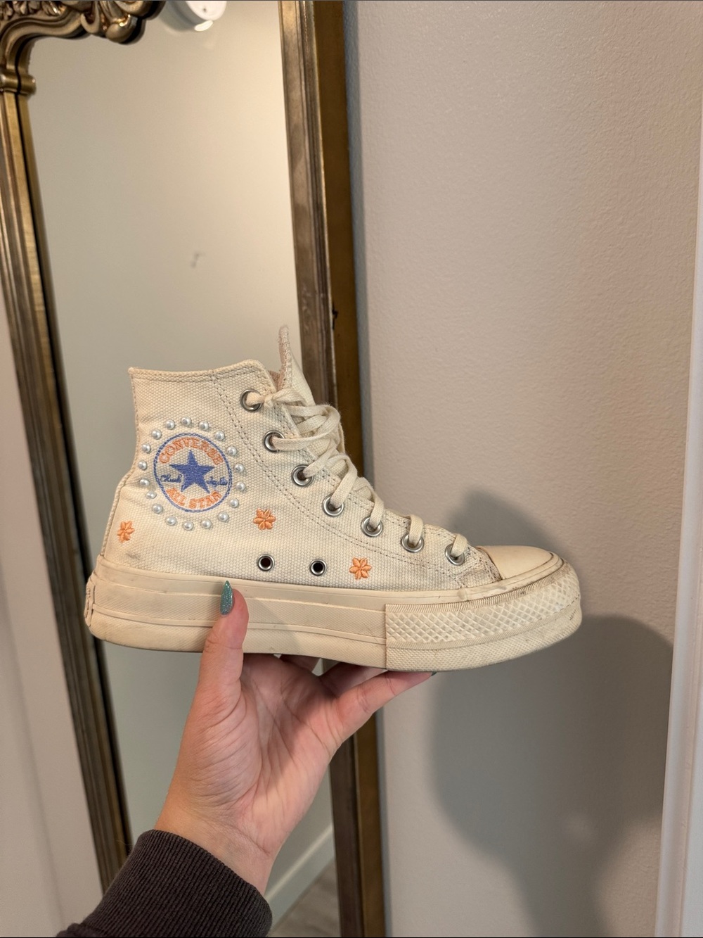 Converse High Top Sneaker in Cream with Orange Details